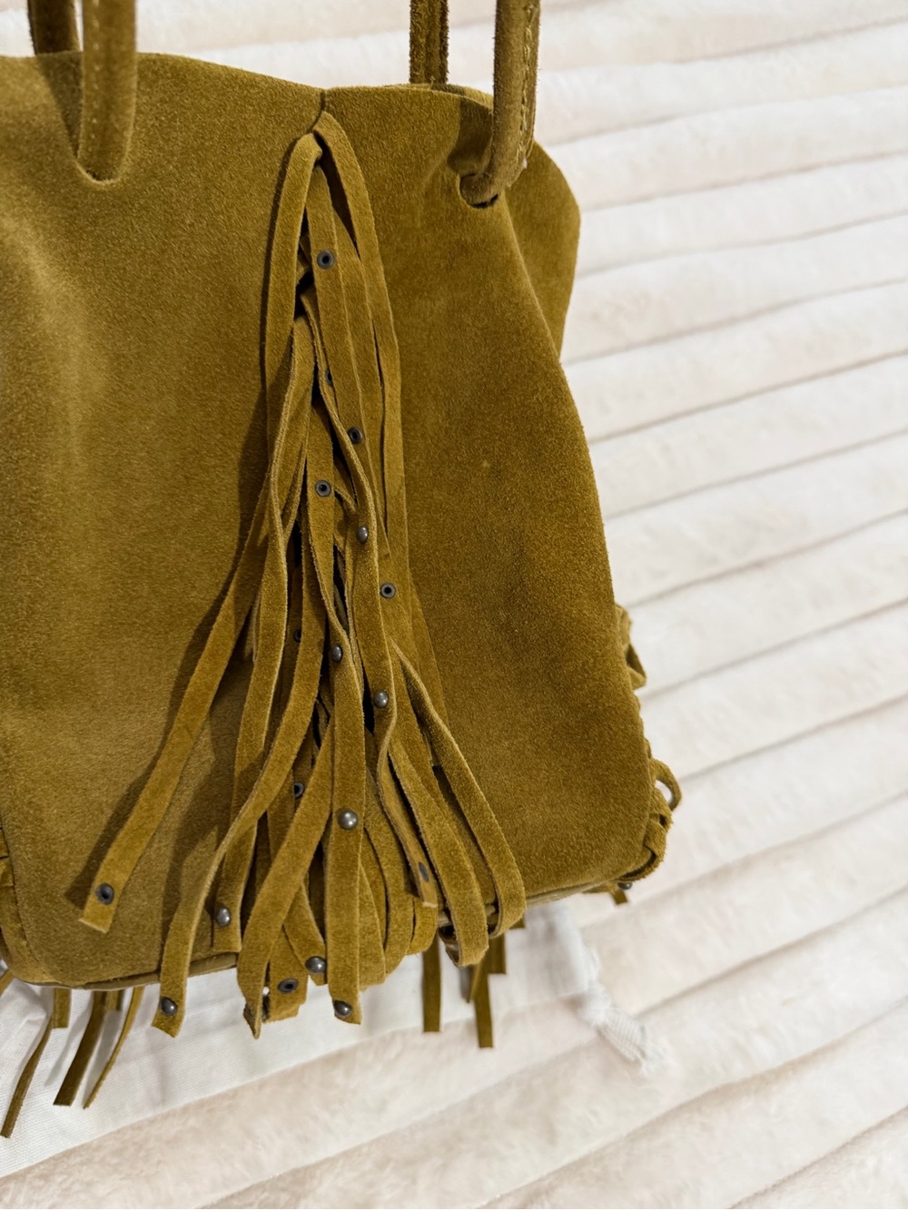 Olive Suede( genuine leather)Fringe Bucket Bag - Women - Picture 3 of 12
